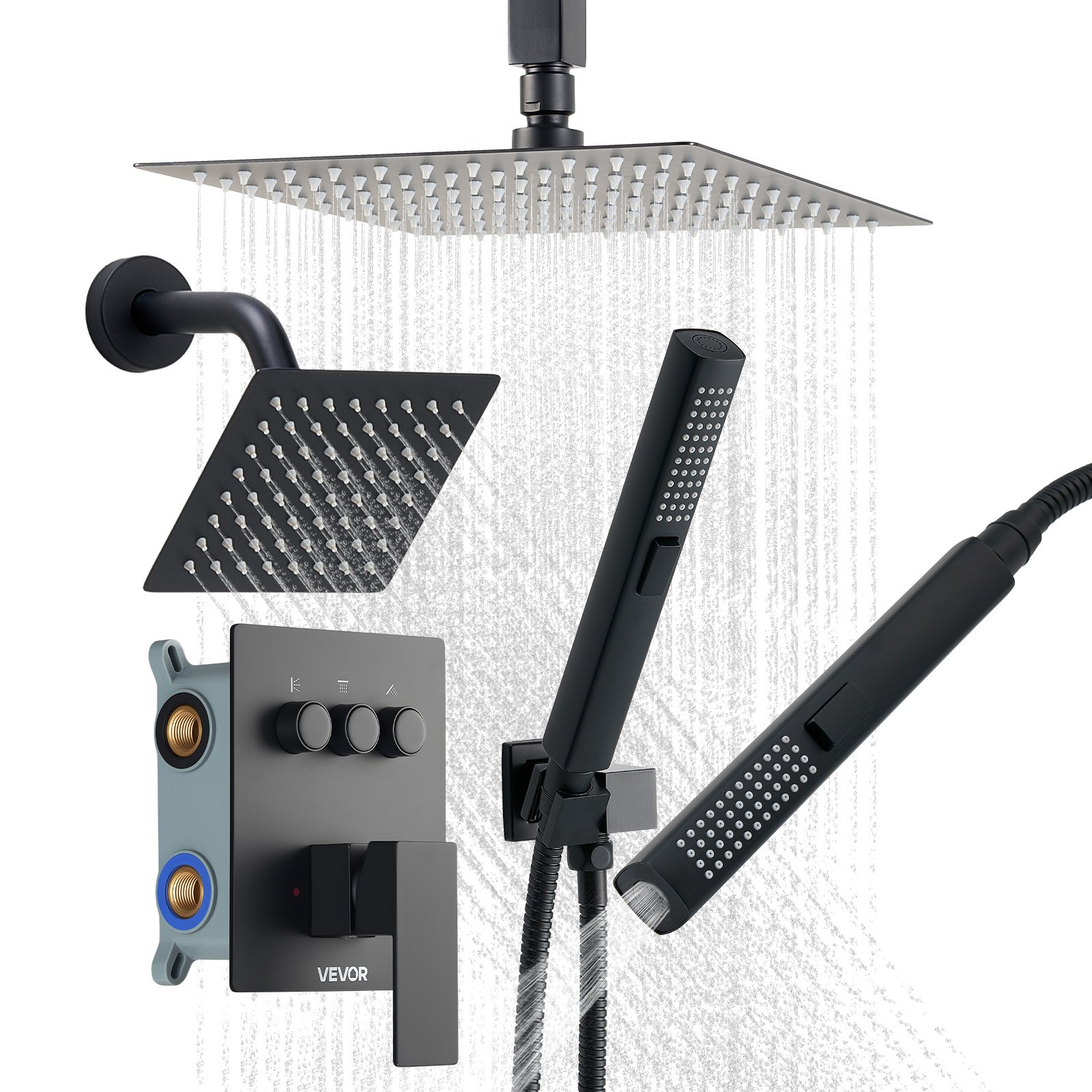 VEVOR Shower Faucet Set, 10 Inch Ceiling Mount Rainfall Shower System with 6 Inch Wall Mount Head and 2 in 1 Handheld Spray, Rotatable 3-Function Dual Rain Head Brass Valve and Trim Kit, Matte Black