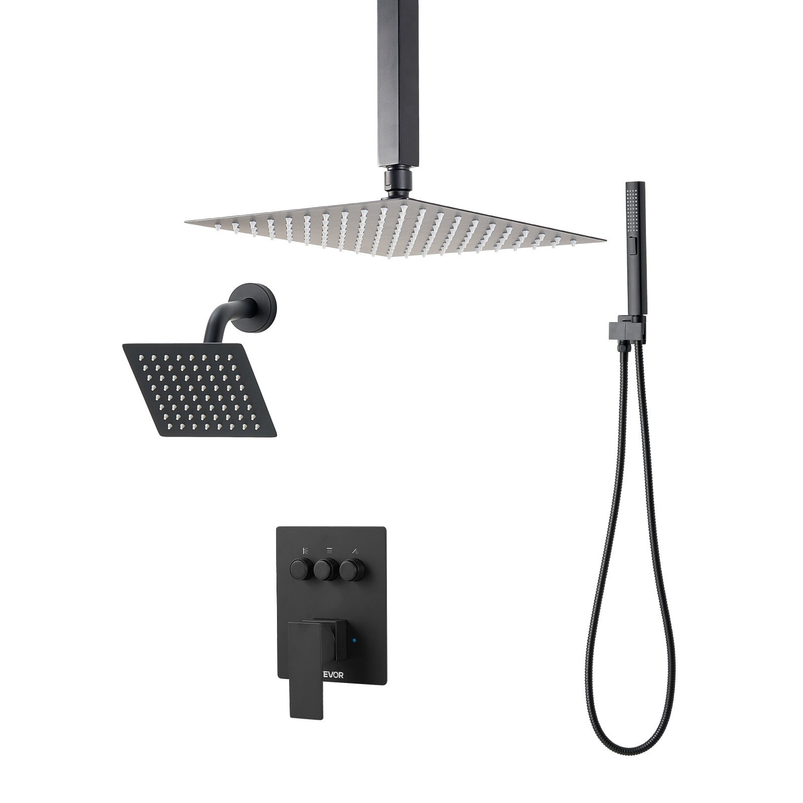 VEVOR Shower Faucet Set, 10 Inch Ceiling Mount Rainfall Shower System with 6 Inch Wall Mount Head and 2 in 1 Handheld Spray, Rotatable 3-Function Dual Rain Head Brass Valve and Trim Kit, Matte Black