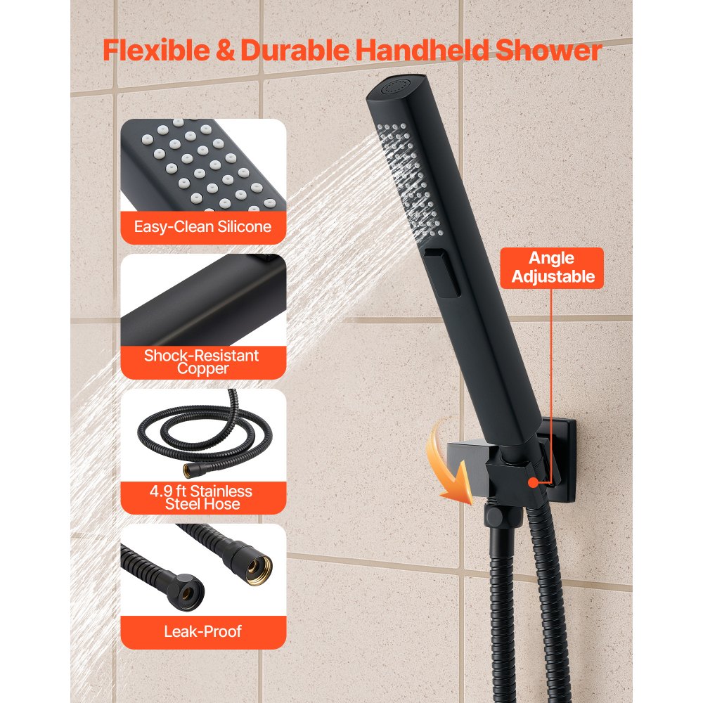 Conjunto de Chuveiro VEVOR, Sistema de Chuveiro de Teto com Efeito Chuva de 254 mm com Chuveiro de Parede de 152 mm e Chuveirinho 2 em 1, Válvula de Latão com 3 Funções de Chuva Dupla e Rotativa, Kit de Acabamento, Preto Fosco