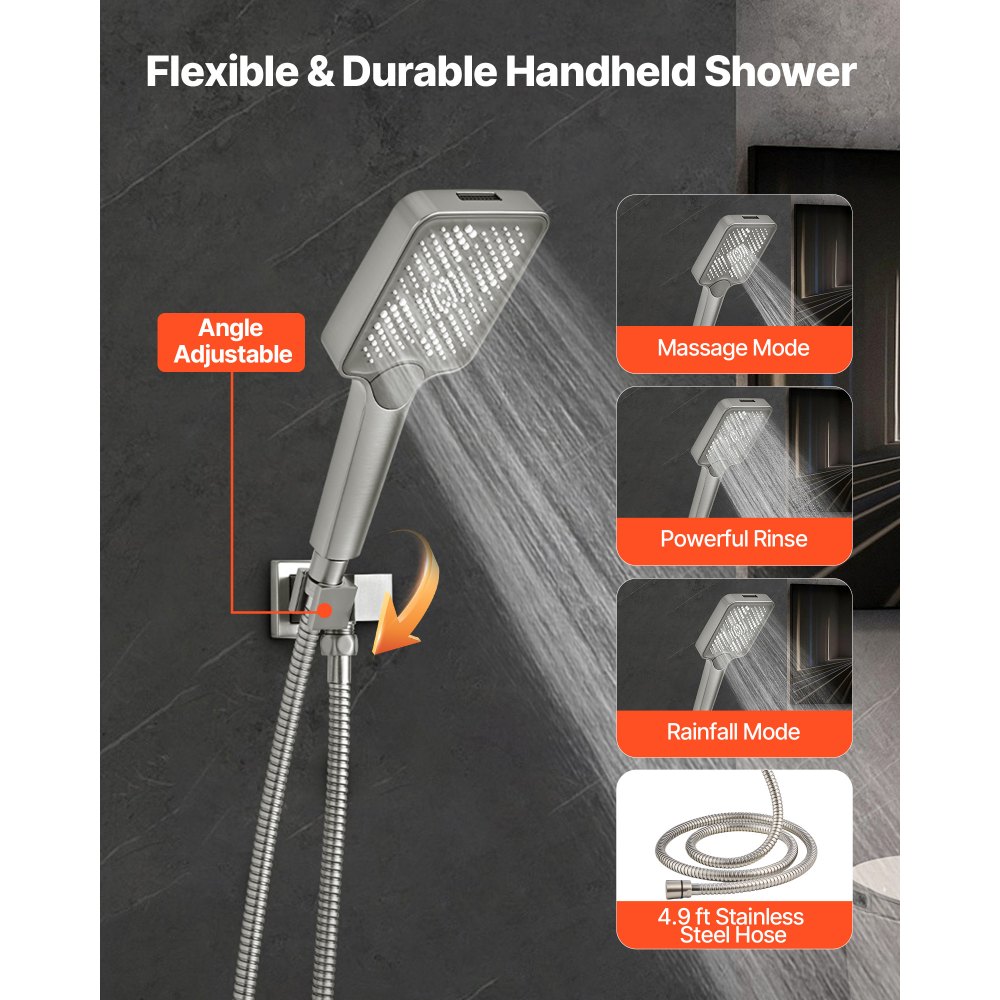 VEVOR Shower Faucet Set, 12 Inch Ceiling Mount Rainfall Shower System with 6 Inch Wall Mount Head and 4 in 1 Handheld Spray, Rotatable 3-Function Dual Rain Head Brass Valve & Trim Kit, Brushed Nickel
