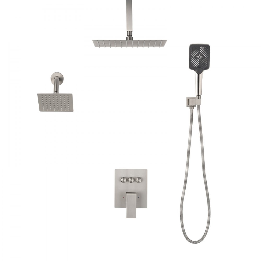 VEVOR Shower Faucet Set, 12 Inch Ceiling Mount Rainfall Shower System with 6 Inch Wall Mount Head and 4 in 1 Handheld Spray, Rotatable 3-Function Dual Rain Head Brass Valve & Trim Kit, Brushed Nickel