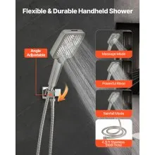 VEVOR Shower Faucet Set, 12 Inch Ceiling Mount Rainfall Shower System with 6 Inch Wall Mount Head and 4 in 1 Handheld Spray, Rotatable 3-Function Dual Rain Head Brass Valve & Trim Kit, Brushed Nickel
