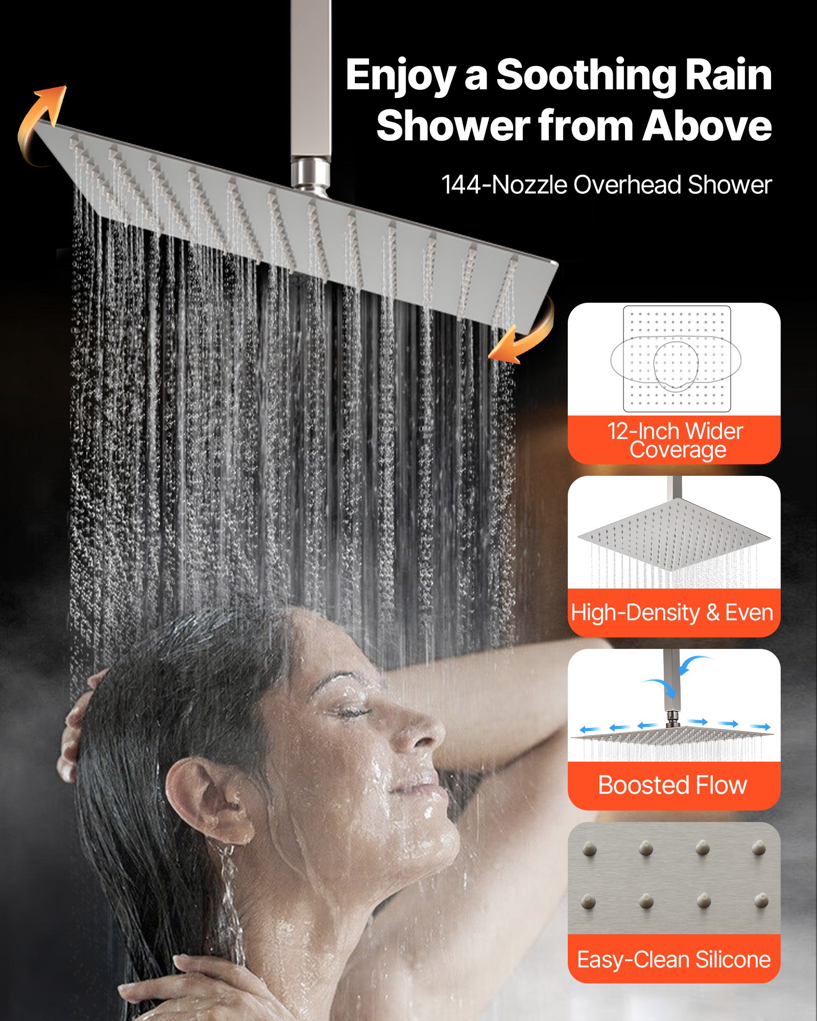 VEVOR Shower Faucet Set, 12 Inch Ceiling Mount Rainfall Shower System with 6 Inch Wall Mount Head and 4 in 1 Handheld Spray, Rotatable 3-Function Dual Rain Head Brass Valve & Trim Kit, Brushed Nickel