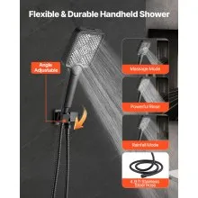 VEVOR Shower Faucet Set, 12 Inch Ceiling Mount Rainfall Shower System with 6 Inch Wall Mount Head and 4 in 1 Handheld Spray, Rotatable 3-Function Dual Rain Head Brass Valve and Trim Kit, Matte Black
