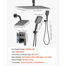 VEVOR Shower Faucet Set, 12 Inch Ceiling Mount Rainfall Shower System with 6 Inch Wall Mount Head and 4 in 1 Handheld Spray, Rotatable 3-Function Dual Rain Head Brass Valve and Trim Kit, Matte Black