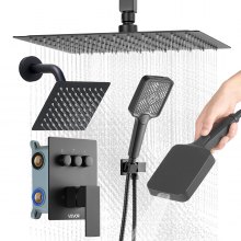 VEVOR Shower Faucet Set, 12 Inch Ceiling Mount Rainfall Shower System with 6 Inch Wall Mount Head and 4 in 1 Handheld Spray, Rotatable 3-Function Dual Rain Head Brass Valve and Trim Kit, Matte Black