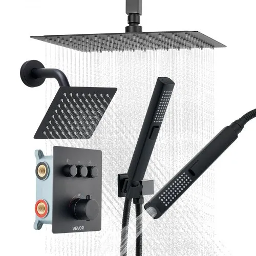 VEVOR Shower Faucet Set, 12 Inch Thermostatic Ceiling Mount Rainfall Shower System with 6 Inch Wall Mount Head and 2 in 1 Handheld Spray, 3-Function Dual Rain Head Brass Valve & Trim Kit, Matte Black