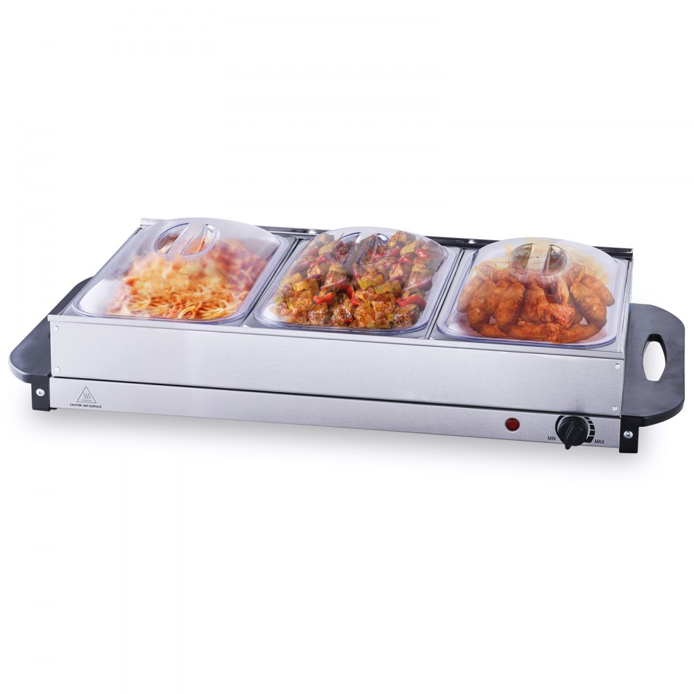 VEVOR buffet server with three covered food trays filled with pasta, mixed veggies, and chicken wings.