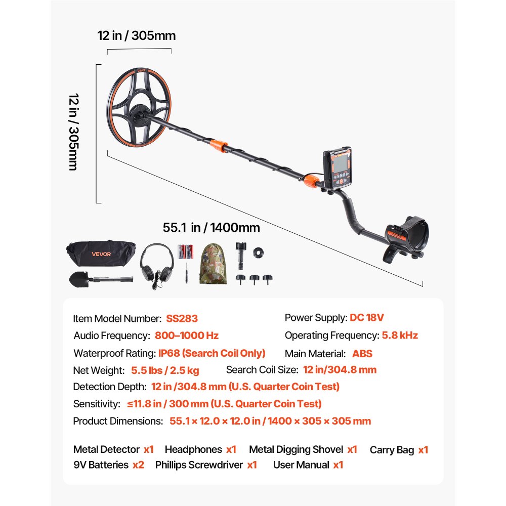 VEVOR Metal Detector for Adults, 304.8 mm, Professional High Accuracy Gold Detector, IP68 Waterproof Search Coil with Display, Headphones, 6 Modes, Adjustable, for Detecting Gold Treasure Hunting