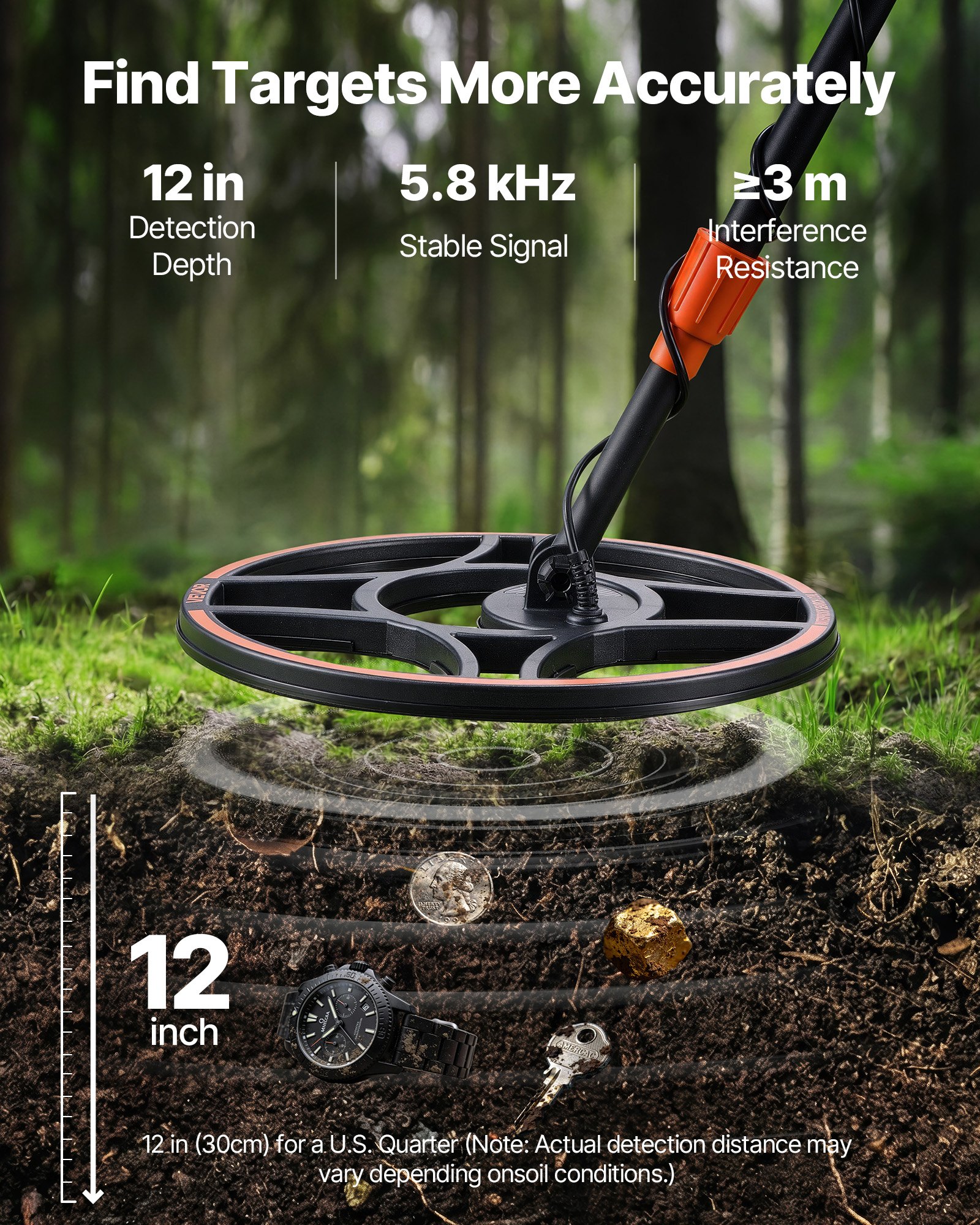 VEVOR Metal Detector for Adults, 304.8 mm, Professional High Accuracy Gold Detector, IP68 Waterproof Search Coil with Display, Headphones, 6 Modes, Adjustable, for Detecting Gold Treasure Hunting