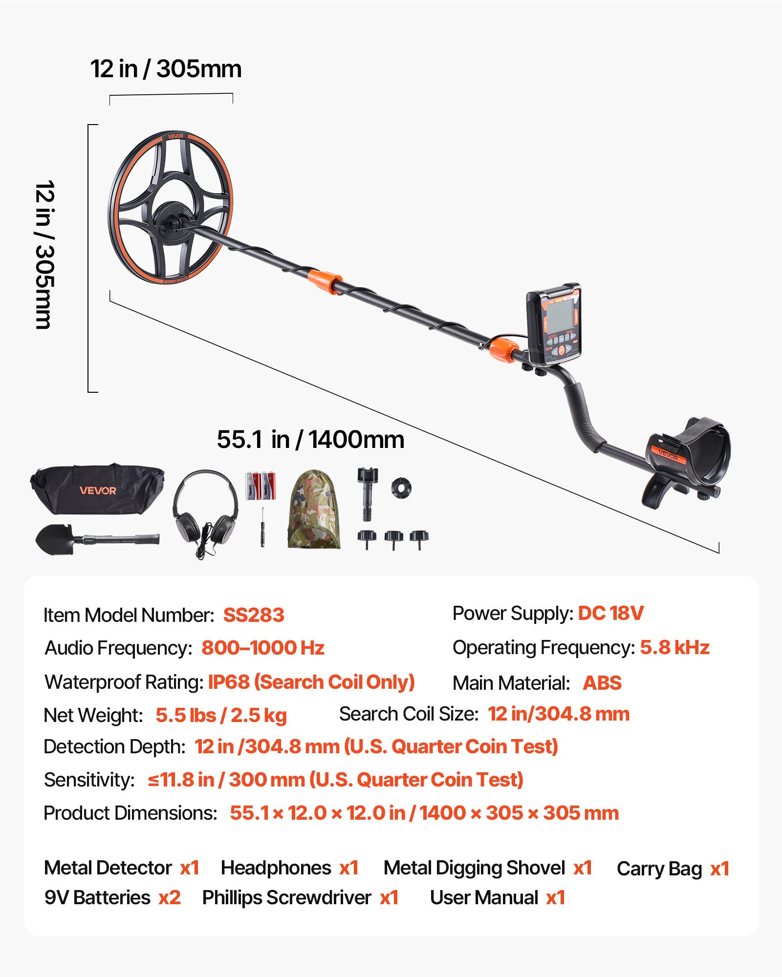 VEVOR Metal Detector for Adults, 304.8 mm, Professional High Accuracy Gold Detector, IP68 Waterproof Search Coil with Display, Headphones, 6 Modes, Adjustable, for Detecting Gold Treasure Hunting
