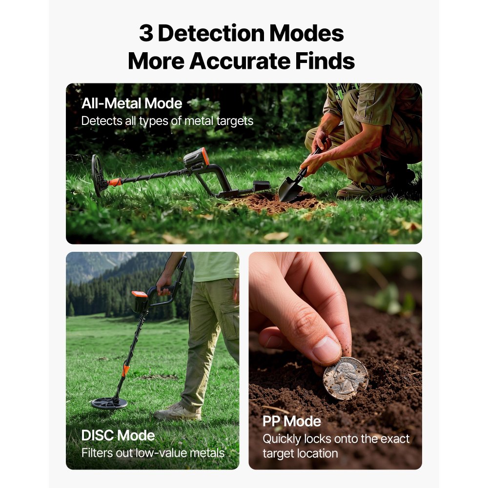 VEVOR Metal Detector for Adults, 203.2 mm, Professional High Accuracy Gold Detector, IP68 Waterproof Search Coil with Display, Headphones, 3 Modes, Adjustable, for Detecting Gold Treasure Hunting