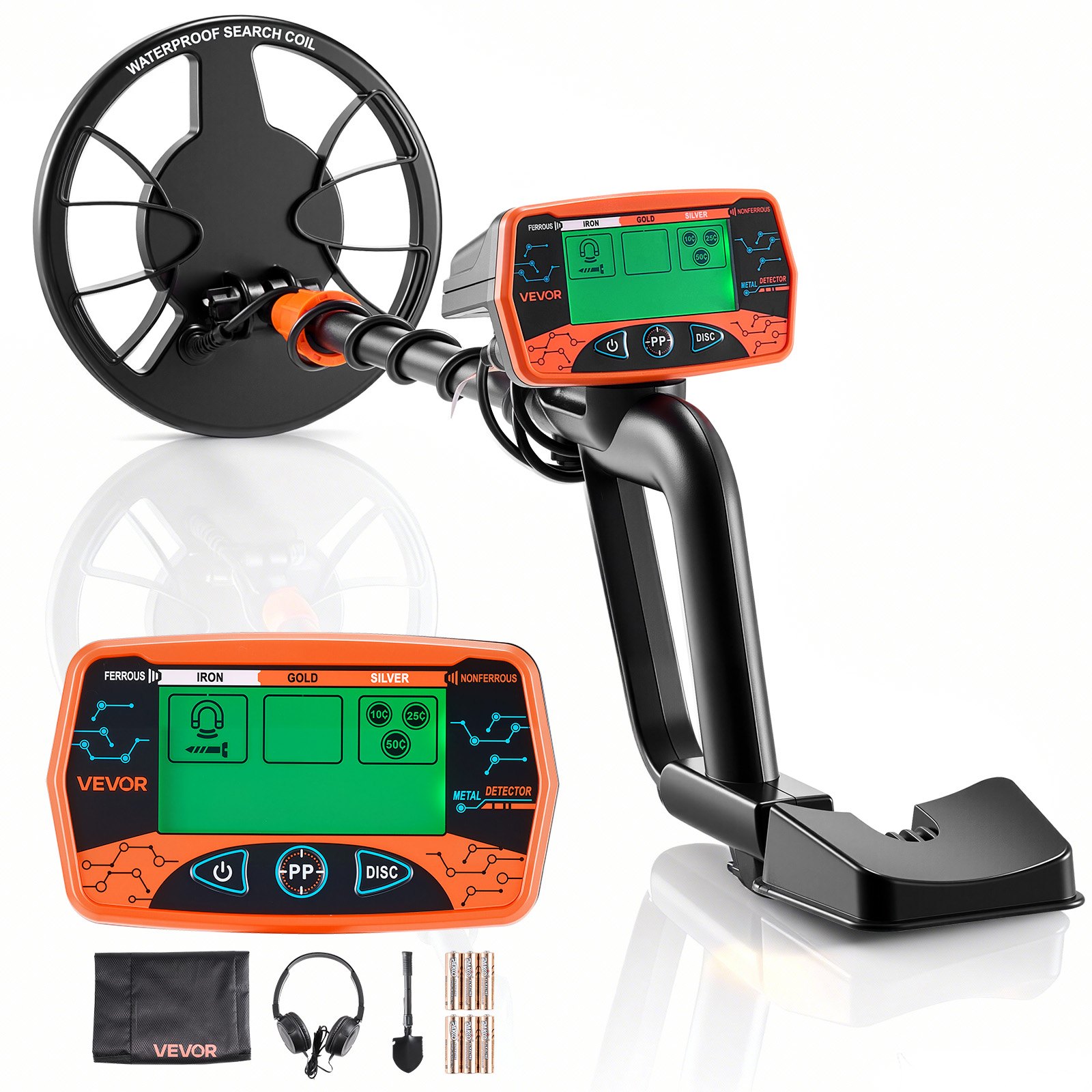 VEVOR Metal Detector for Adults, 203.2 mm, Professional High Accuracy Gold Detector, IP68 Waterproof Search Coil with Display, Headphones, 3 Modes, Adjustable, for Detecting Gold Treasure Hunting