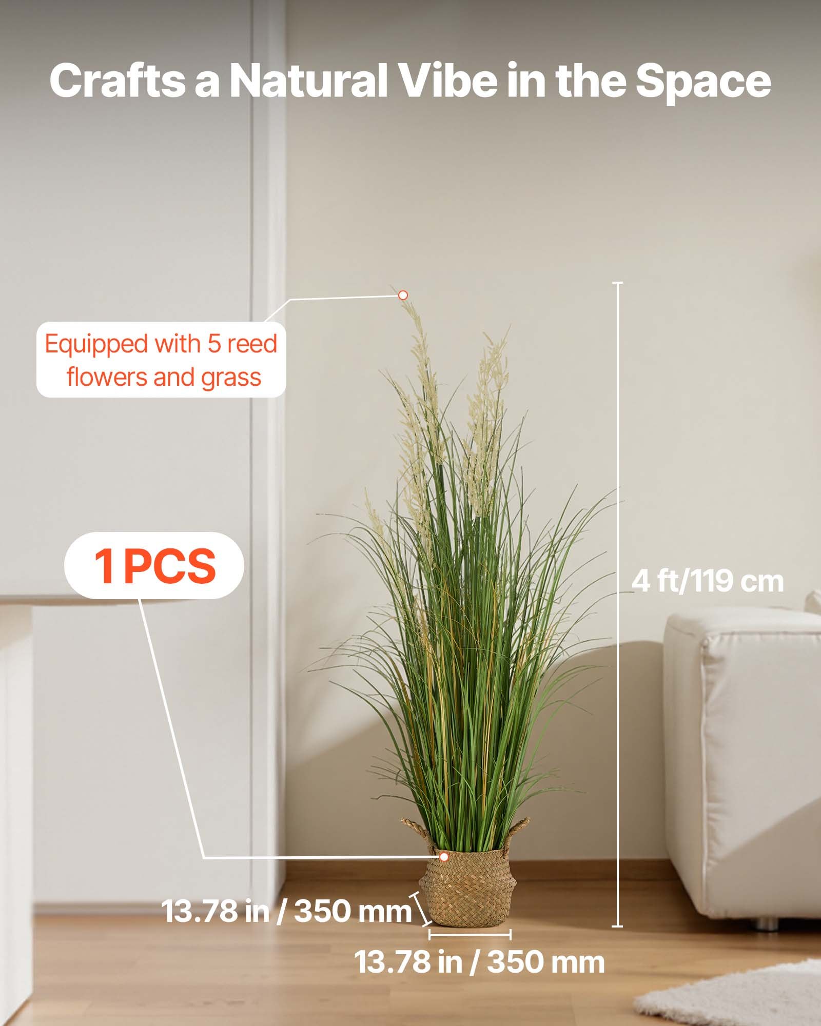 VEVOR Artificial Grass Plant, 1194mm Reed Flower Grass in Pot, Premium PVC Faux Fake Greenery Shrubs Plant for Indoor Outdoor House Home Garden Office Room Décor, Housewarming, 1 Pack Green