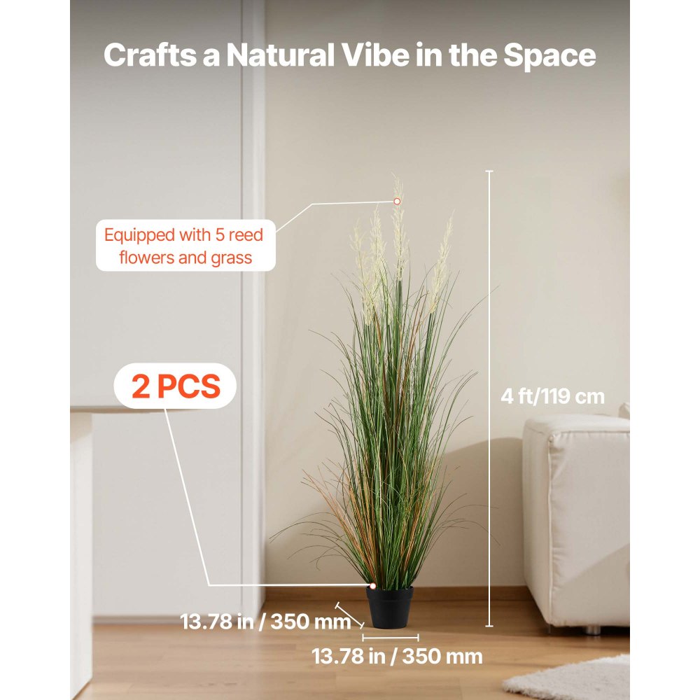 VEVOR Artificial Grass Plant, 2 Pack 1194mm Reed Flower Grass in Pot, Premium PVC Faux Fake Greenery Shrubs Plant for Indoor Outdoor House Home Garden Office Room Décor, Housewarming, Green