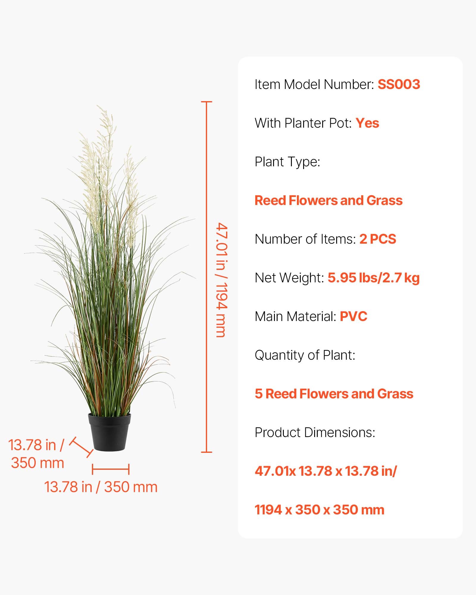 VEVOR Artificial Grass Plant, 2 Pack 1194mm Reed Flower Grass in Pot, Premium PVC Faux Fake Greenery Shrubs Plant for Indoor Outdoor House Home Garden Office Room Décor, Housewarming, Green