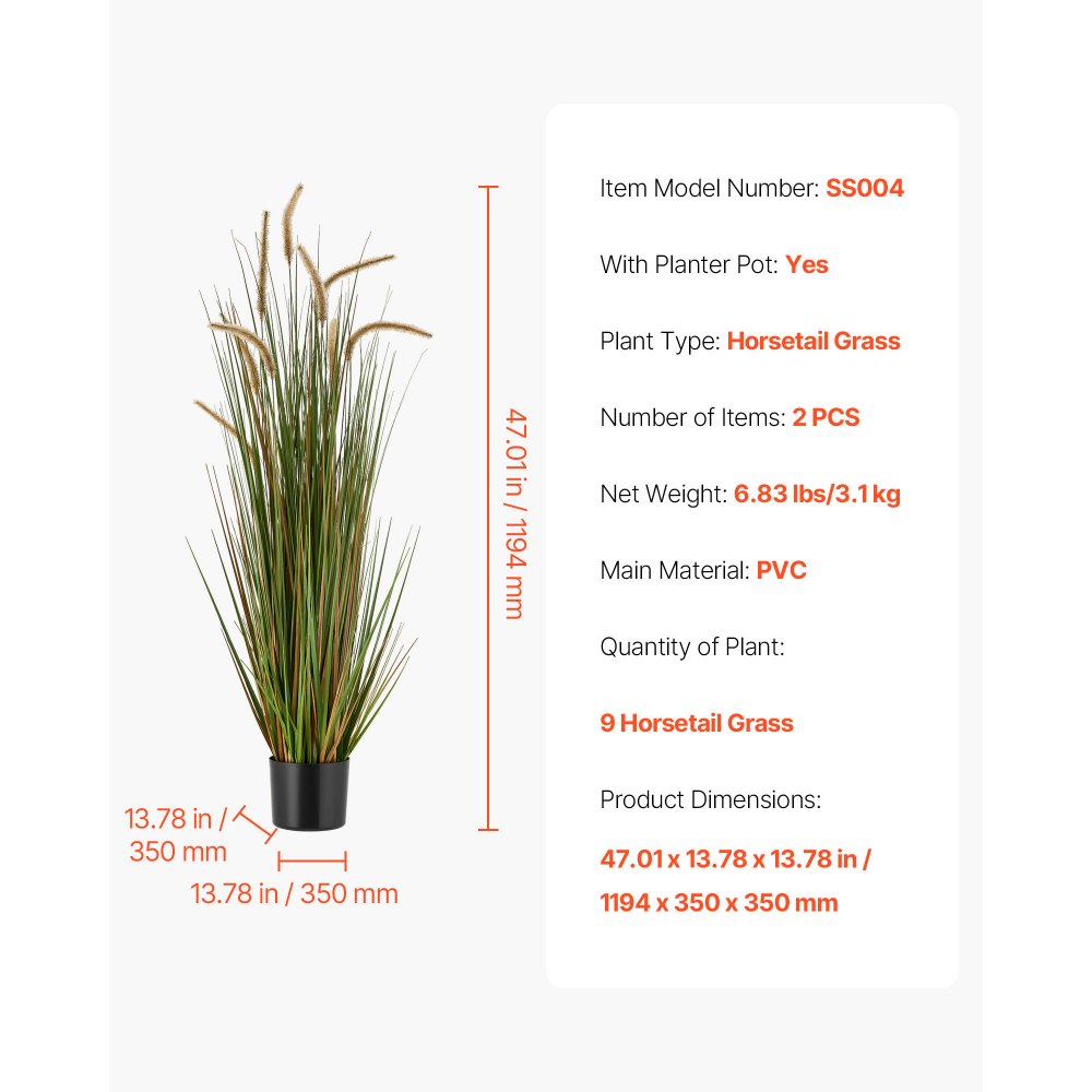 VEVOR Artificial Grass Plant, 2 Pack 1194mm Horsetail Reed Grass in Pot, Premium PVC Faux Fake Greenery Shrubs Plant for Indoor Outdoor House Home Garden Office Room Décor, Housewarming, Green