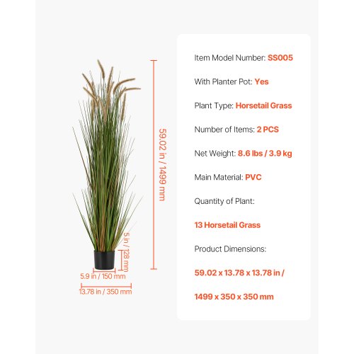 VEVOR Artificial Grass Potted Plants  2 Pack, 59 Inch