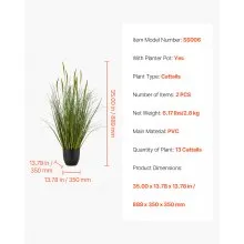 VEVOR Artificial Grass Plant, 2 Pack 35 inch Cattail Grass in Pot, Premium PVC Faux Fake Greenery Shrubs Plant for Indoor Outdoor House Home Garden Office Room Décor, Housewarming, Green