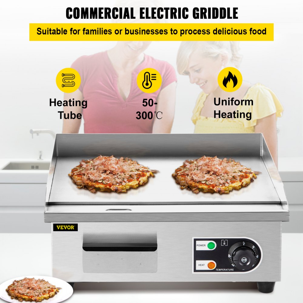 VEVOR 14" Electric Countertop Flat Top Griddle 110V 1500W Non-Stick Commercial Electric Griddles Restaurant Teppanyaki Grill Stainless Steel Adjustable Temperature Control 122°F-572°F, Sliver