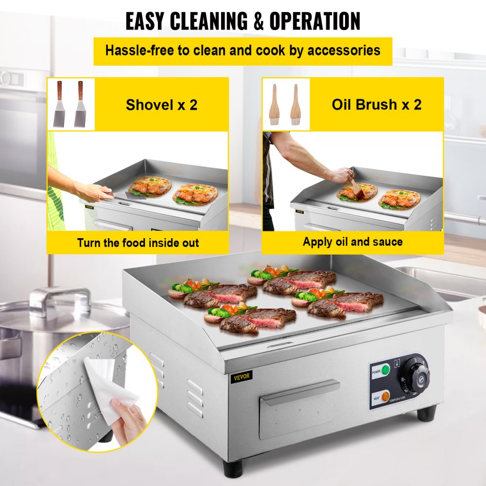 VEVOR 14" Electric Countertop Flat Top Griddle 110V 1500W Non-Stick Commercial Electric Griddles Restaurant Teppanyaki Grill Stainless Steel Adjustable Temperature Control 122°F-572°F, Sliver