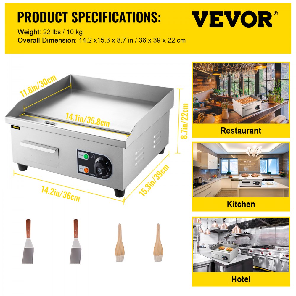 VEVOR 14" Electric Countertop Flat Top Griddle 110V 1500W Non-Stick Commercial Electric Griddles Restaurant Teppanyaki Grill Stainless Steel Adjustable Temperature Control 122°F-572°F, Sliver