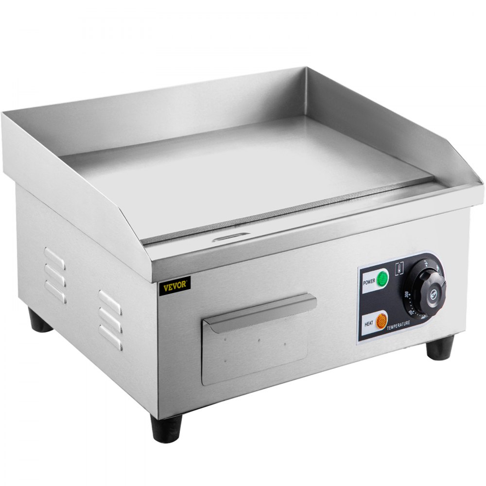 VEVOR 14" Electric Countertop Flat Top Griddle 110V 1500W Non-Stick Commercial Electric Griddles Restaurant Teppanyaki Grill Stainless Steel Adjustable Temperature Control 122°F-572°F, Sliver