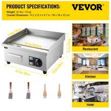 VEVOR 14\" Electric Countertop Flat Top Griddle 110V 1500W Non-Stick Commercial Electric Griddles Restaurant Teppanyaki Grill Stainless Steel Adjustable Temperature Control 122°F-572°F, Sliver