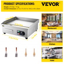 VEVOR 22" Commercial Electric Griddle,Electric Countertop Flat Top Griddle 110V 1600W,Non-Stick Restaurant Teppanyaki Stainless Steel Grill ,Adjustable Temperature Control 122°F-572°F.