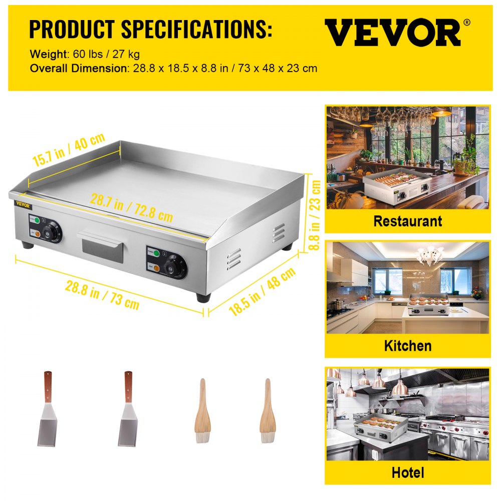 VEVOR Electric Grill 30 Inch Griddle Flat Hotplate 4400W Electric Countertop Griddle Grill Stainless Steel Flat Griddle Hotplate BBQ Kitchen Grill for Barbecue BBQ Cooking