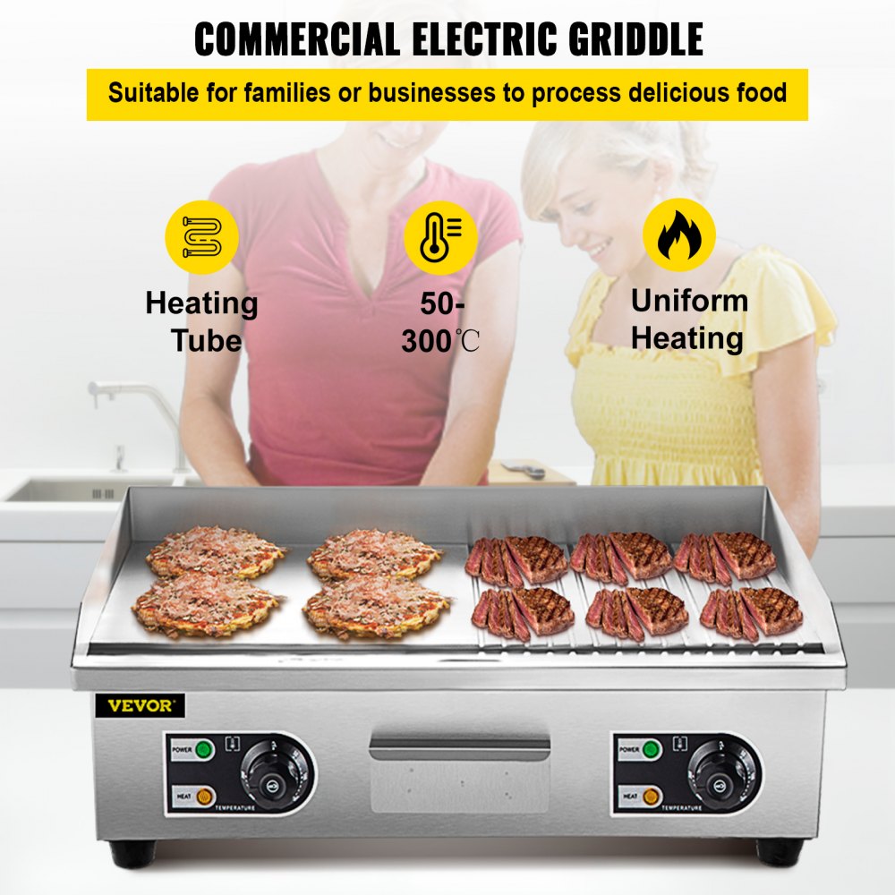 VEVOR 29" Commercial Electric Griddle,Electric Countertop Flat Top Griddle 110V 3000W Half Grooved/Flat,Non-Stick Restaurant Teppanyaki Stainless Steel Grill ,Adjustable Temperature Control 122°F-572°F.
