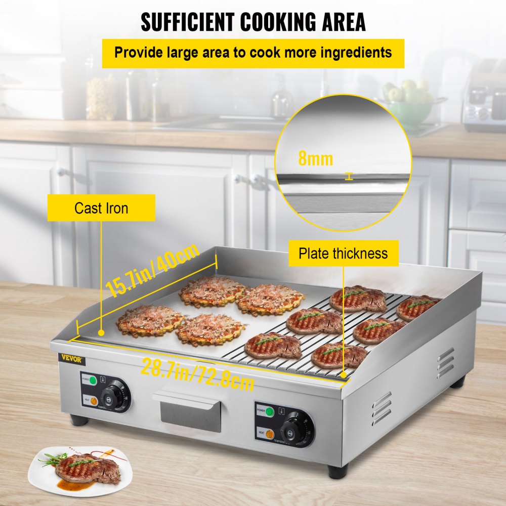 VEVOR 29" Commercial Electric Griddle,Electric Countertop Flat Top Griddle 110V 3000W Half Grooved/Flat,Non-Stick Restaurant Teppanyaki Stainless Steel Grill ,Adjustable Temperature Control 122°F-572°F.