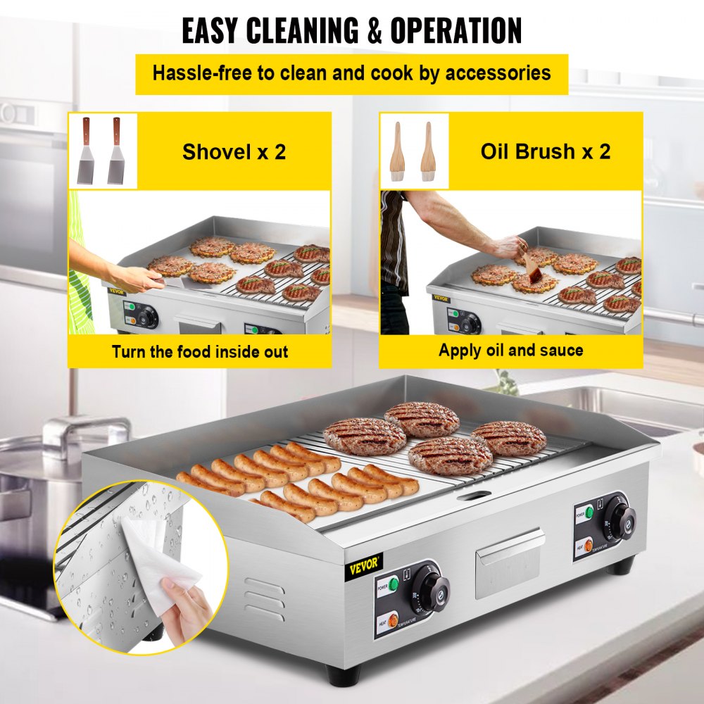 VEVOR 29" Commercial Electric Griddle,Electric Countertop Flat Top Griddle 110V 3000W Half Grooved/Flat,Non-Stick Restaurant Teppanyaki Stainless Steel Grill ,Adjustable Temperature Control 122°F-572°F.