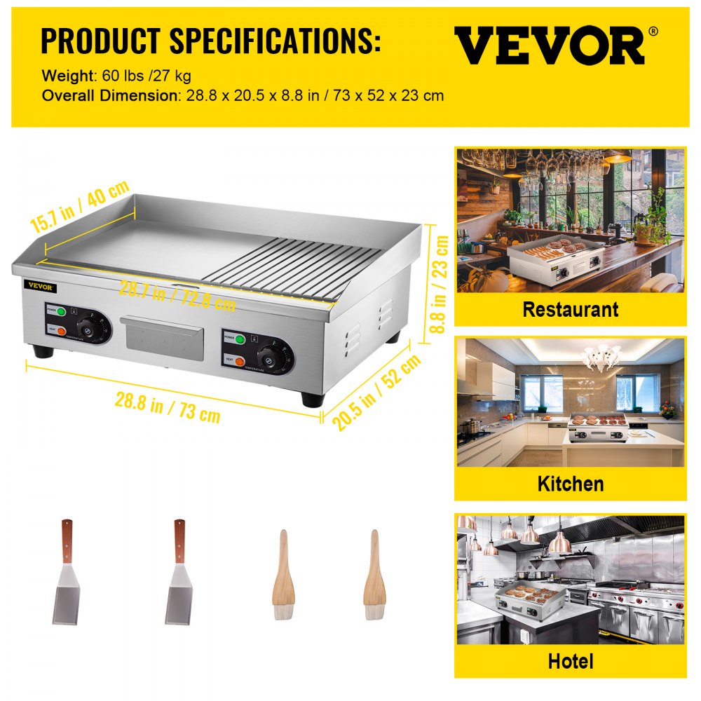 VEVOR 29" Commercial Electric Griddle,Electric Countertop Flat Top Griddle 110V 3000W Half Grooved/Flat,Non-Stick Restaurant Teppanyaki Stainless Steel Grill ,Adjustable Temperature Control 122°F-572°F.