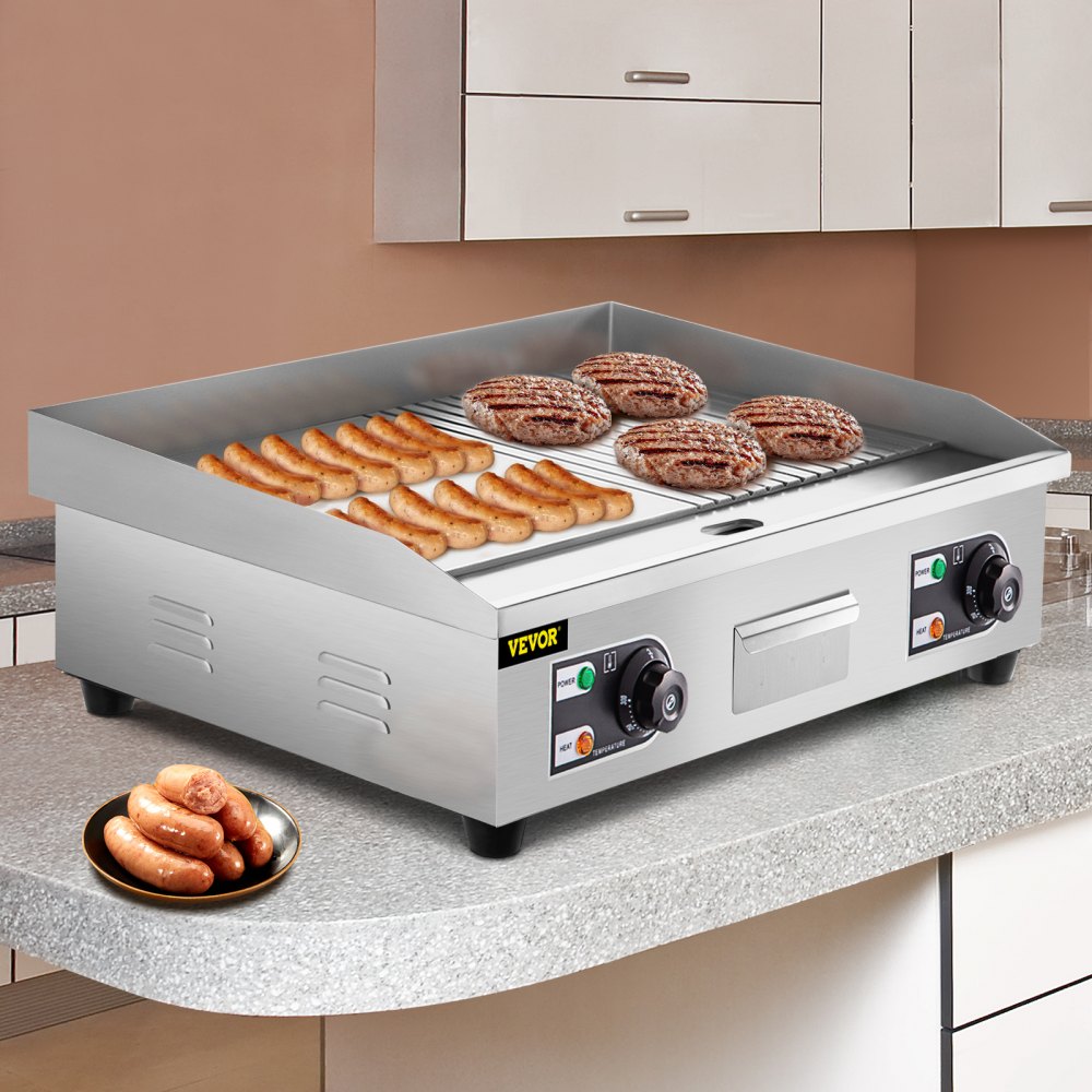 VEVOR 29" Commercial Electric Griddle,Electric Countertop Flat Top Griddle 110V 3000W Half Grooved/Flat,Non-Stick Restaurant Teppanyaki Stainless Steel Grill ,Adjustable Temperature Control 122°F-572°F.