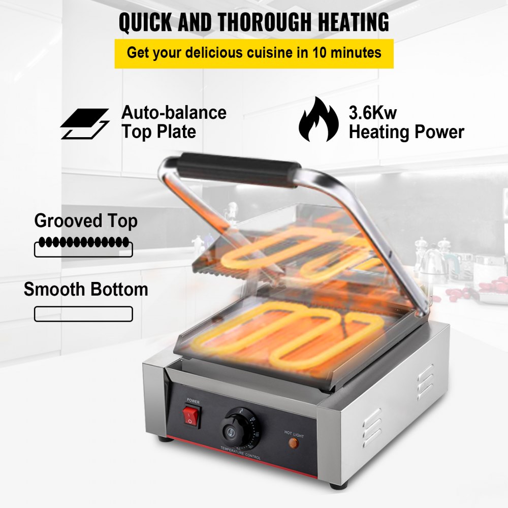 VEVOR Commercial Sandwich Panini Press Grill,110V 1800W Up Grooved and Down Flat Plates Electric Sandwich Maker, Temperature Control 122°F-572°F for Hamburgers Steaks Bacons
