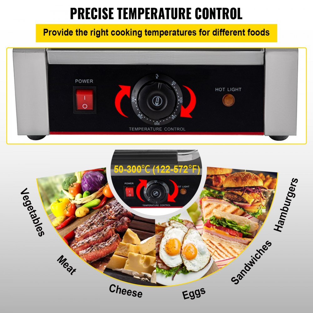 VEVOR Commercial Sandwich Panini Press Grill,110V 1800W Up Grooved and Down Flat Plates Electric Sandwich Maker, Temperature Control 122°F-572°F for Hamburgers Steaks Bacons