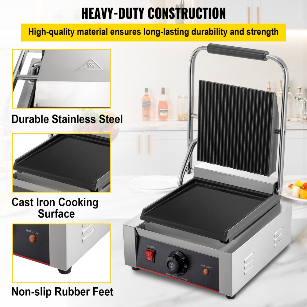 VEVOR Commercial Sandwich Panini Press Grill,110V 1800W Up Grooved and Down Flat Plates Electric Sandwich Maker, Temperature Control 122°F-572°F for Hamburgers Steaks Bacons