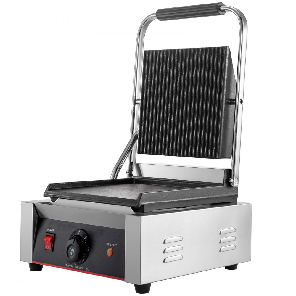 VEVOR Commercial Sandwich Panini Press Grill,110V 1800W Up Grooved and Down Flat Plates Electric Sandwich Maker, Temperature Control 122°F-572°F for Hamburgers Steaks Bacons