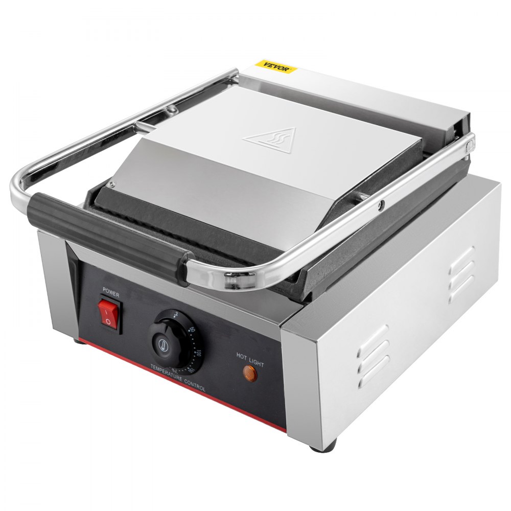 VEVOR Commercial Sandwich Panini Press Grill,110V 1800W Up Grooved and Down Flat Plates Electric Sandwich Maker, Temperature Control 122°F-572°F for Hamburgers Steaks Bacons