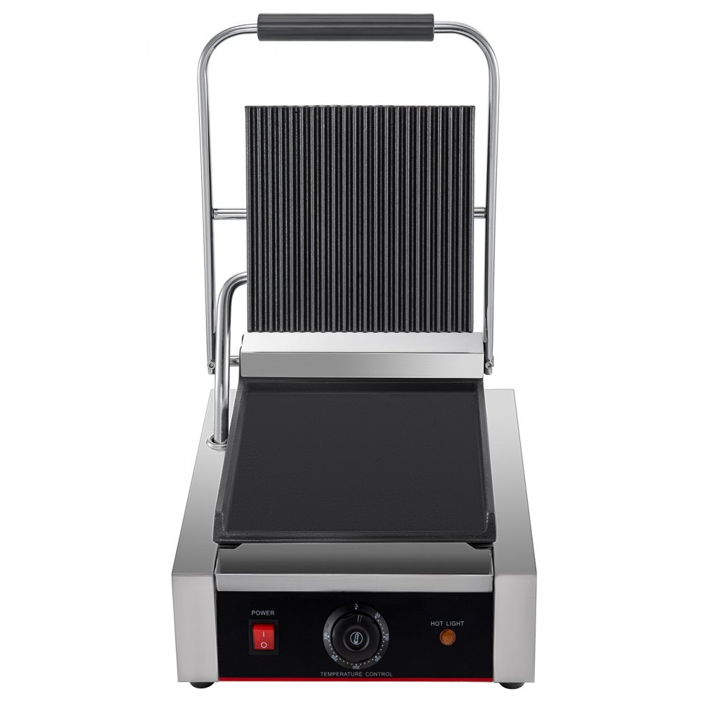 VEVOR Commercial Sandwich Panini Press Grill,110V 1800W Up Grooved and Down Flat Plates Electric Sandwich Maker, Temperature Control 122°F-572°F for Hamburgers Steaks Bacons