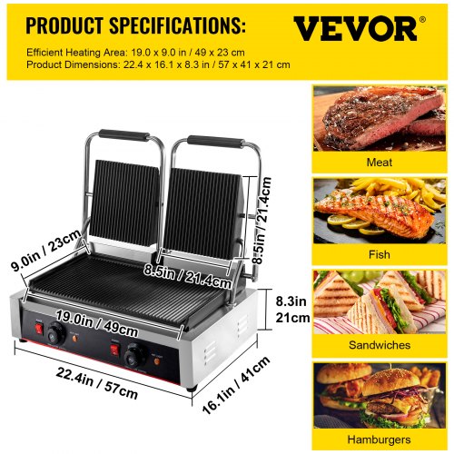 VEVOR 110V Commercial Sandwich Panini Press Grill 2X1800W Temperature Control 122°F-572°F Commercial Panini Grill for Hamburgers Steaks Bacons (Double Grooved Plates）