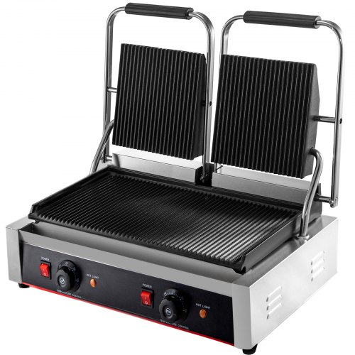 VEVOR 110V Commercial Sandwich Panini Press Grill 2X1800W Temperature Control 122°F-572°F Commercial Panini Grill for Hamburgers Steaks Bacons (Double Grooved Plates）
