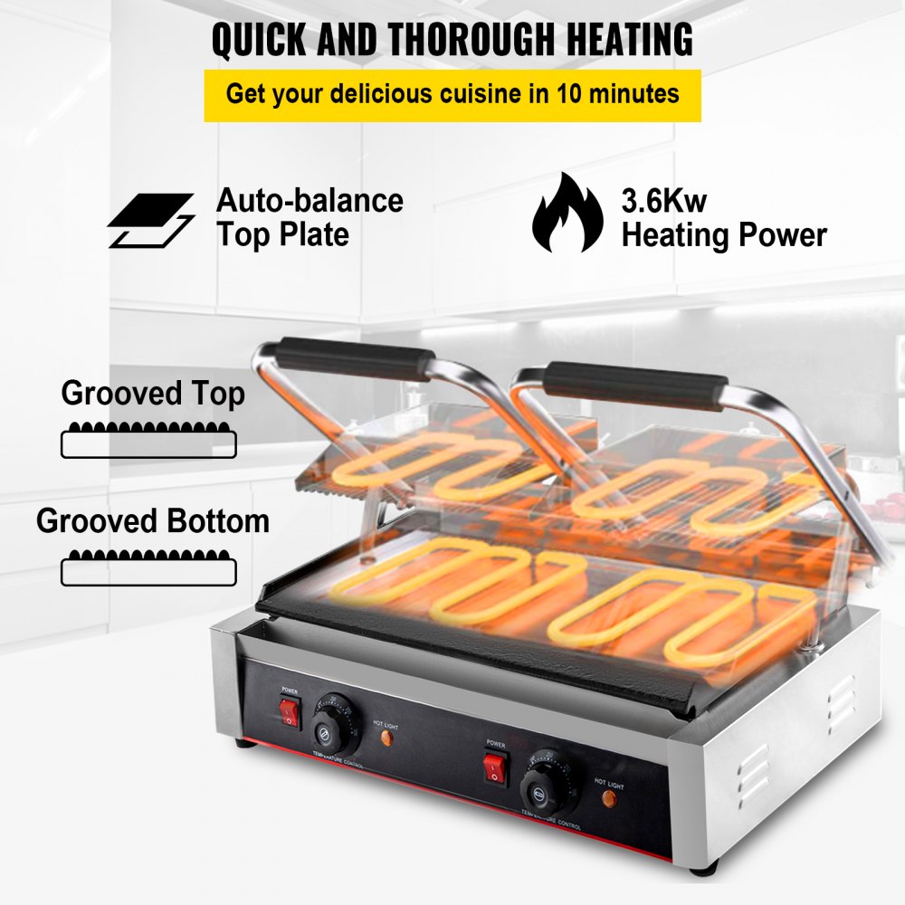 VEVOR 110V Commercial Sandwich Panini Press Grill 2X1800W Temperature Control 122°F-572°F Commercial Panini Grill for Hamburgers Steaks Bacons (Double Grooved Plates）