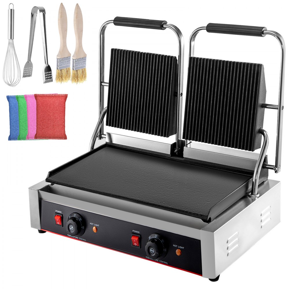 VEVOR Commercial Sandwich Panini Press Grill,110V 2x1800W Double Up Grooved and Down Flat Plates Electric Stainless Steel Sandwich Maker,Temperature Control for Hamburgers Steaks Bacons | VEVOR US