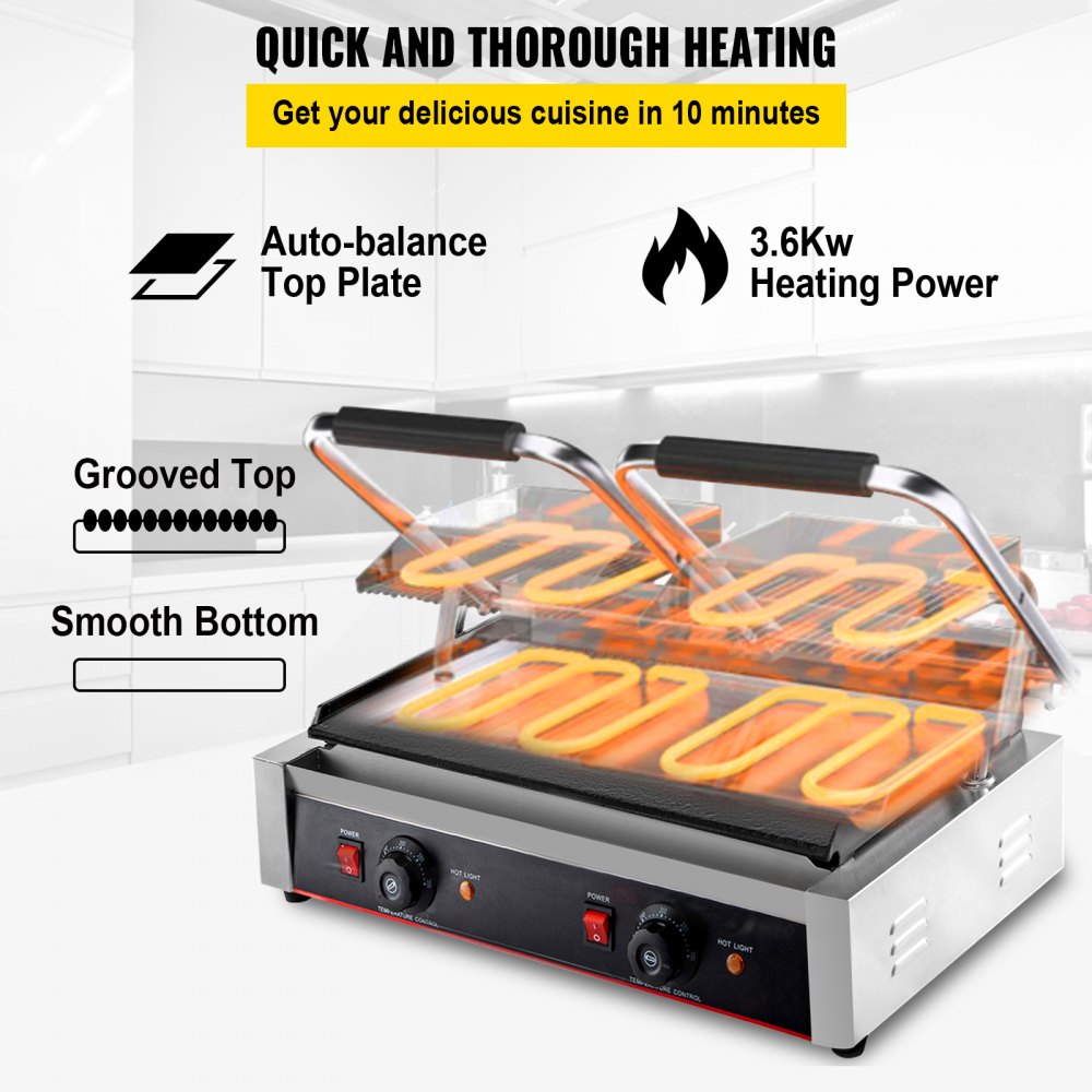 VEVOR Commercial Sandwich Panini Press Grill,110V 2x1800W Double Up Grooved and Down Flat Plates Electric Stainless Steel Sandwich Maker,Temperature Control 122°F-572°F for Hamburgers Steaks Bacons