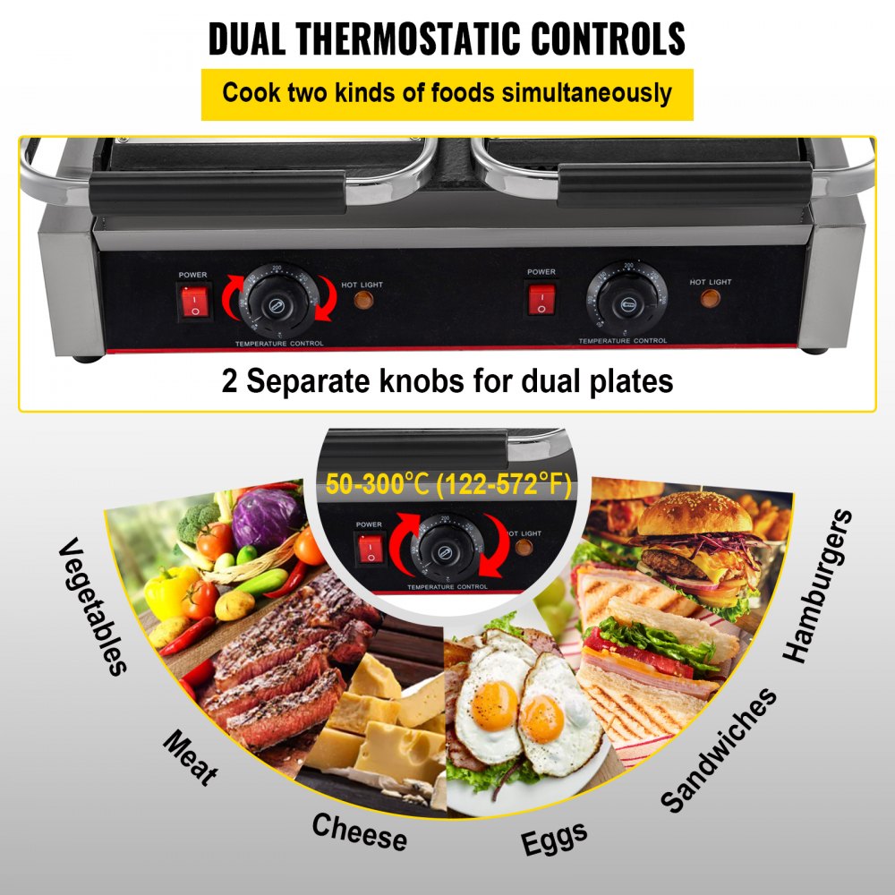 VEVOR Commercial Sandwich Panini Press Grill,110V 2x1800W Double Up Grooved and Down Flat Plates Electric Stainless Steel Sandwich Maker,Temperature Control 122°F-572°F for Hamburgers Steaks Bacons