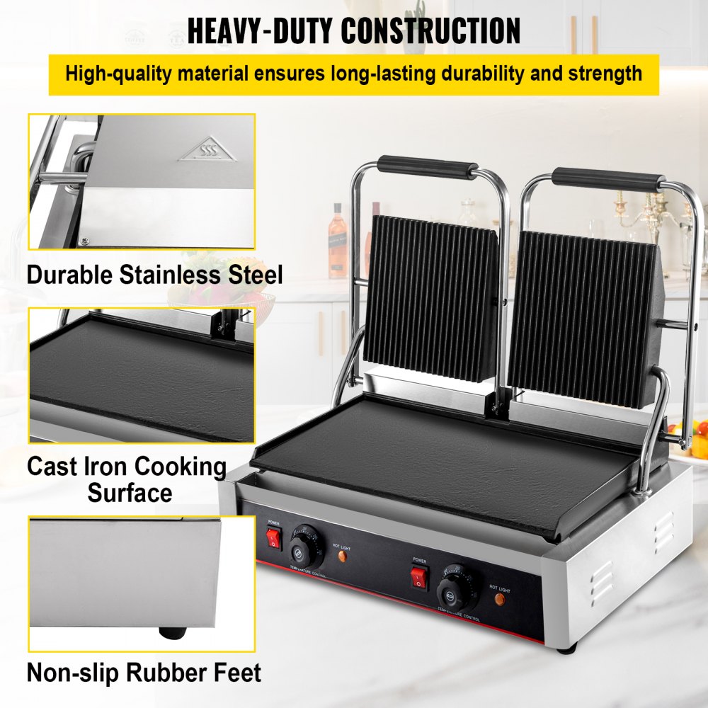 VEVOR Commercial Sandwich Panini Press Grill,110V 2x1800W Double Up Grooved and Down Flat Plates Electric Stainless Steel Sandwich Maker,Temperature Control 122°F-572°F for Hamburgers Steaks Bacons
