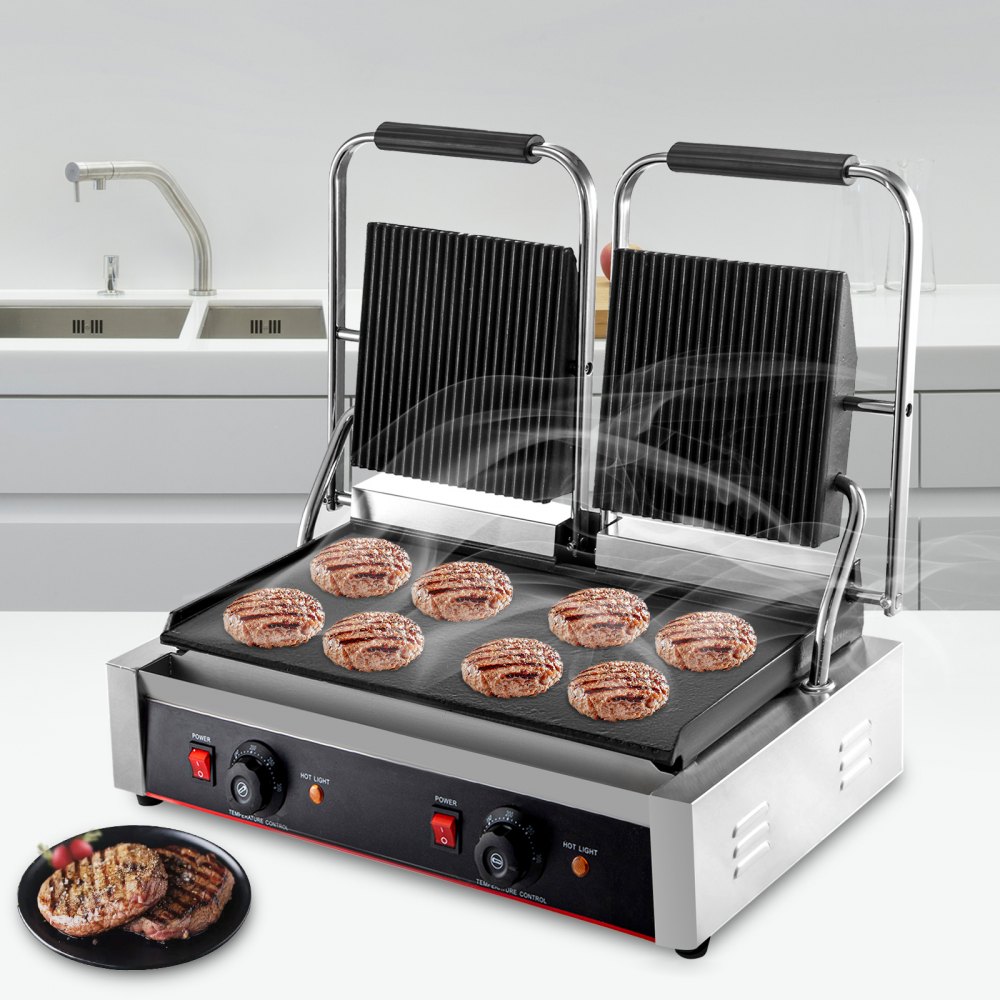 VEVOR Commercial Sandwich Panini Press Grill,110V 2x1800W Double Up Grooved and Down Flat Plates Electric Stainless Steel Sandwich Maker,Temperature Control 122°F-572°F for Hamburgers Steaks Bacons