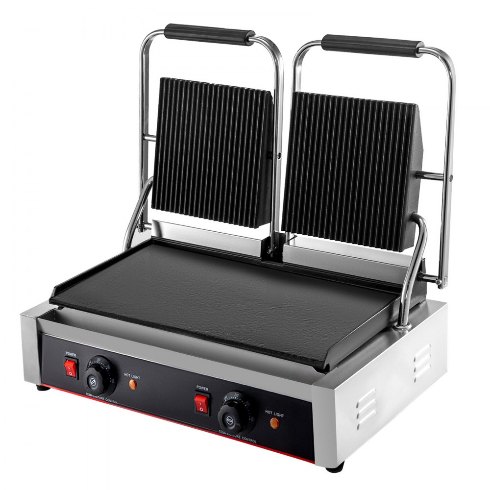 VEVOR Commercial Sandwich Panini Press Grill,110V 2x1800W Double Up Grooved and Down Flat Plates Electric Stainless Steel Sandwich Maker,Temperature Control 122°F-572°F for Hamburgers Steaks Bacons